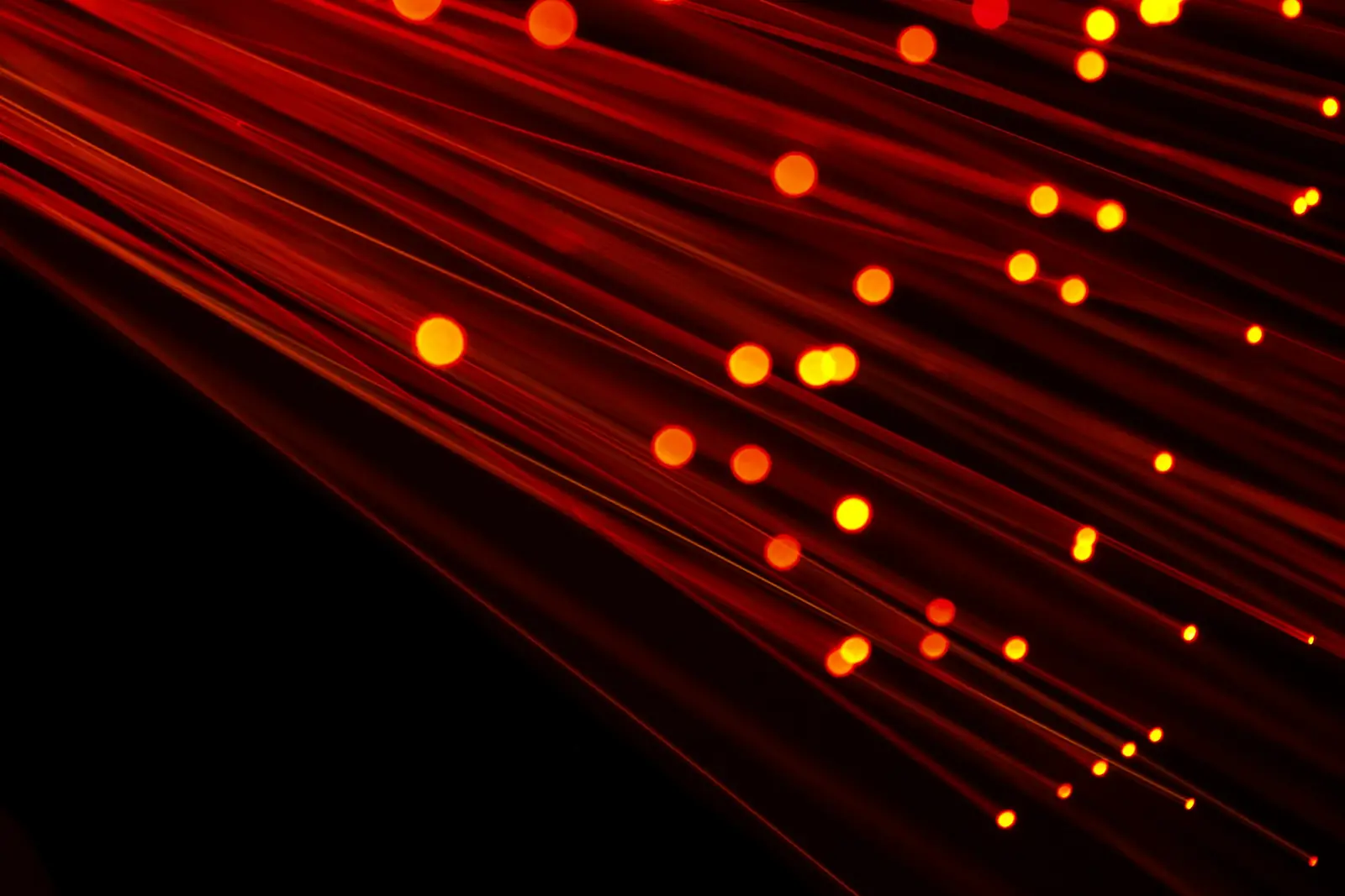 Strands of fibre-optic cable carrying points of red and amber light